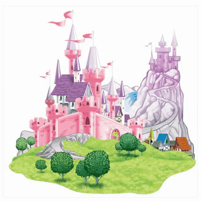 an illustration of a pink and purple castle on top of a grassy hill