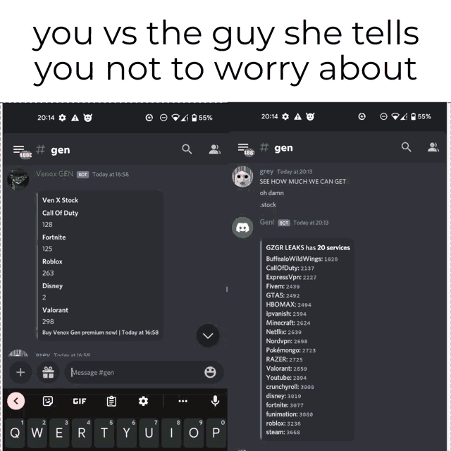 a screenshot of a discord chat with the words " you vs the guy she tells you not to worry about "