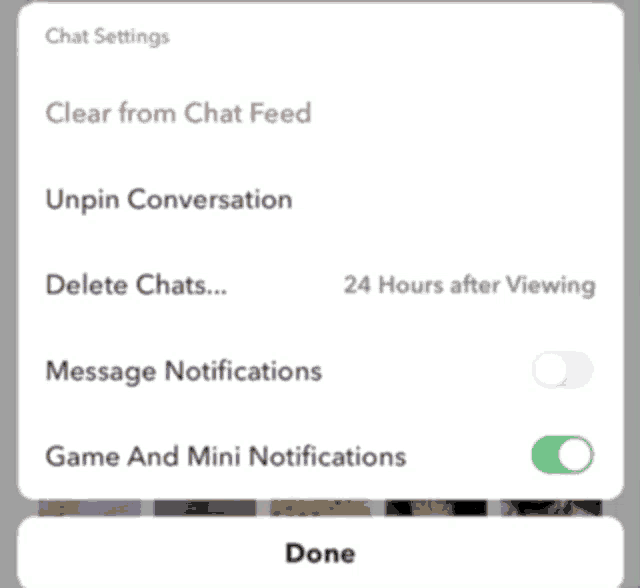 a screenshot of a chat settings screen shows the options to clear from chat feed unpin conversation delete chats and game and mini notifications