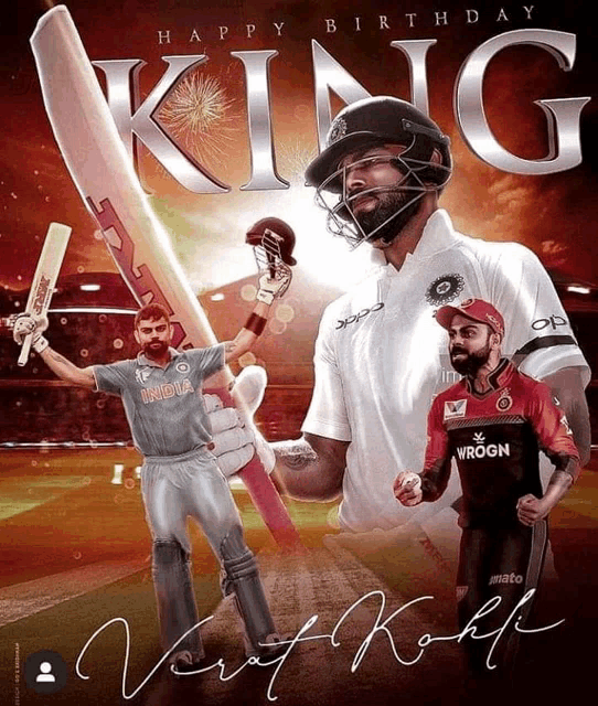 a poster that says happy birthday king with a cricket player