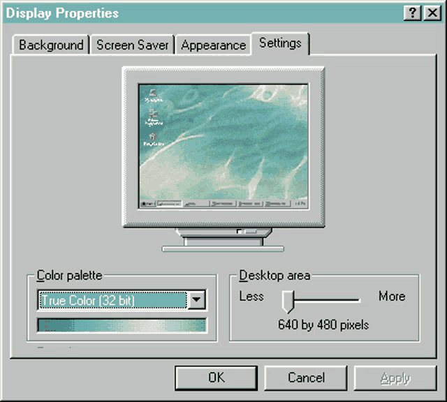 a computer screen shows the display properties window where you can change the color palette