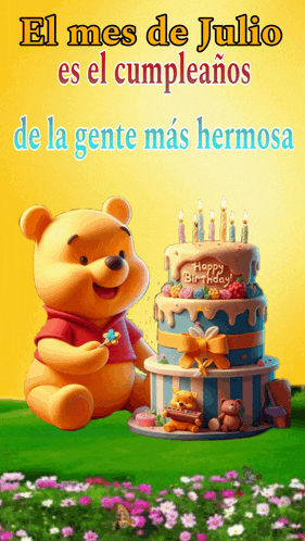 a winnie the pooh sitting next to a birthday cake that says happy birthday