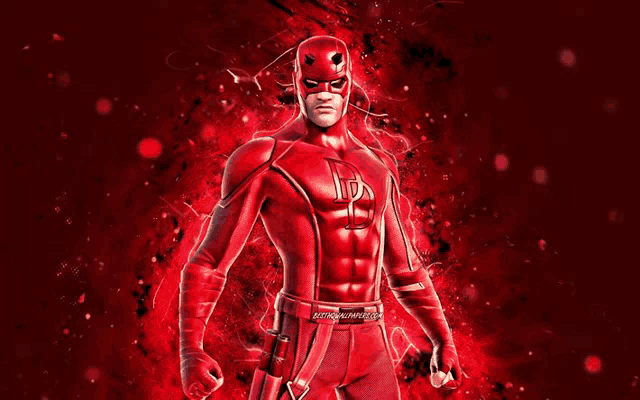 daredevil is a superhero in a red suit and helmet holding a sword .