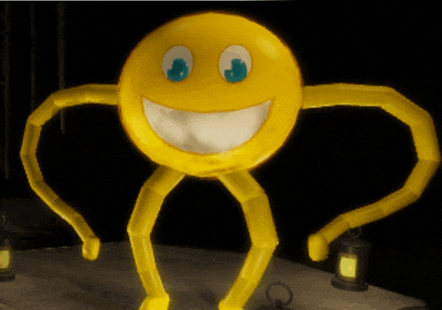 a yellow smiley face with blue eyes and a lantern in the background