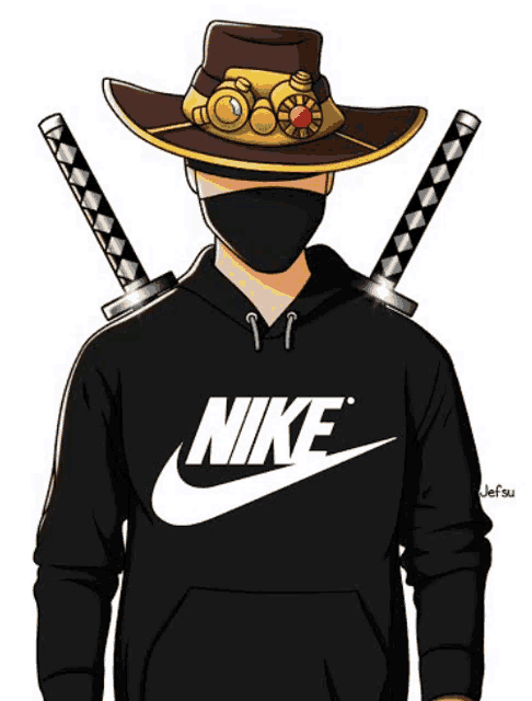 a cartoon of a man wearing a nike hoodie and a cowboy hat with two swords .