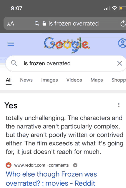 a phone screen shows a google search for " is frozen overrated "