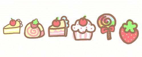 a row of cakes and cupcakes with strawberries on them