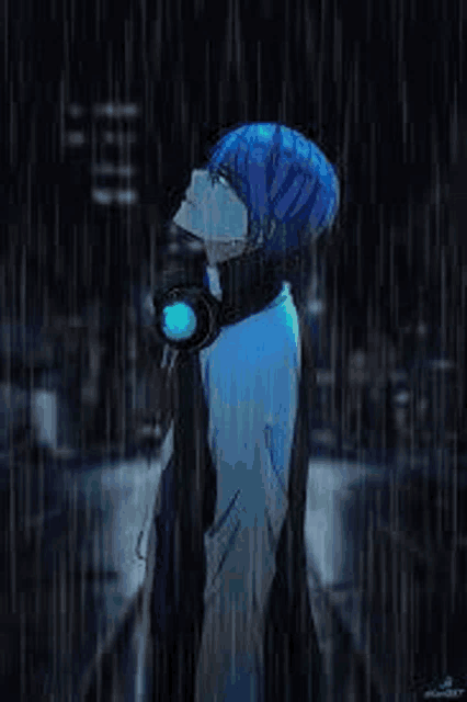 a boy with blue hair and headphones is standing in the rain at night .