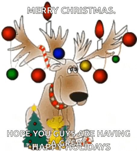 a cartoon of a reindeer with christmas decorations on its antlers .