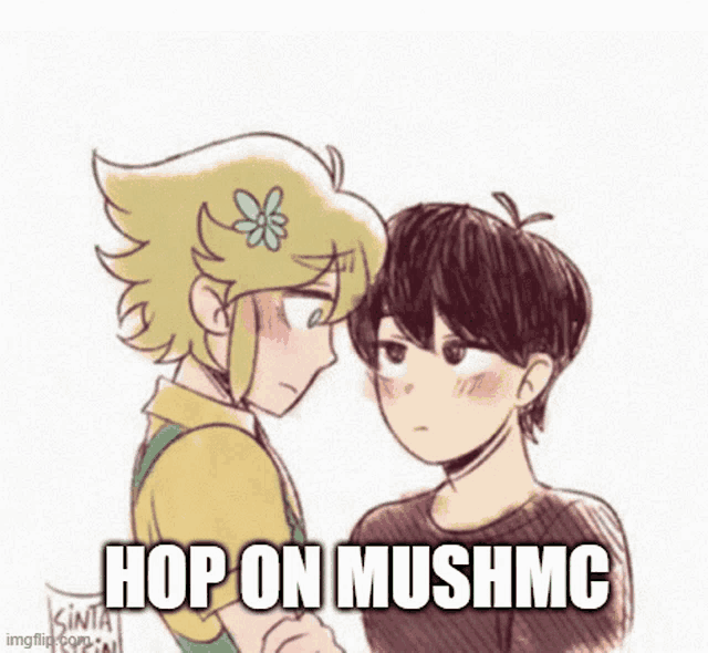 a drawing of two anime characters looking at each other with the words `` hop on mushmc '' .