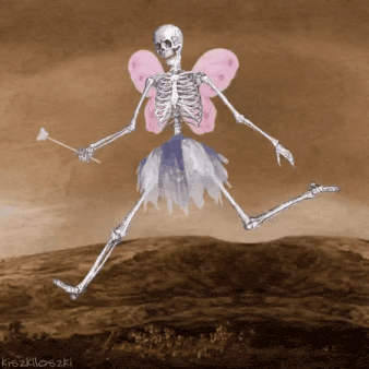 a skeleton dressed as a fairy is jumping in the air holding a wand .