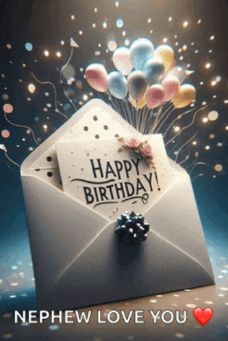 an envelope with balloons and a card saying happy birthday