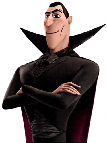 a cartoon vampire with his arms crossed and a purple cape