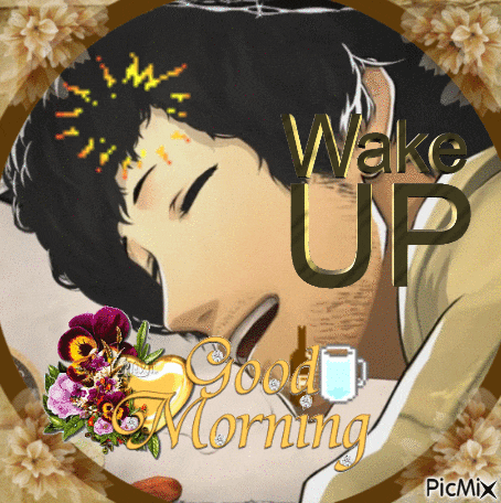 a picture of a man sleeping with the words wake up good morning on it