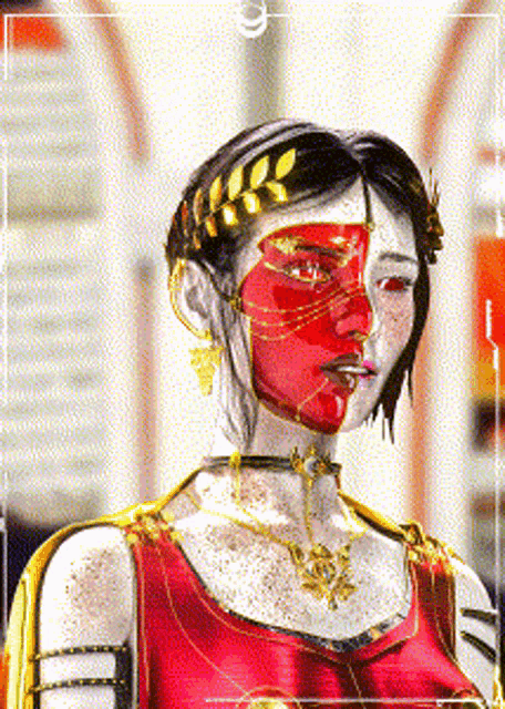 a woman with a red face and gold jewelry