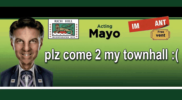 a poster for rich hill acting mayo with a man in a suit and tie