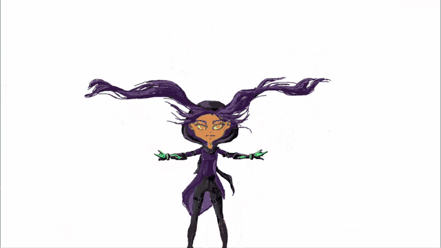 a drawing of a person with purple hair and green swirls that says +10 on the top