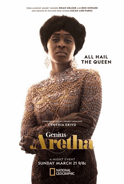 a poster for genius aretha shows a woman in a dress