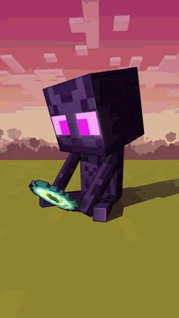 a minecraft character with purple eyes is holding a green item