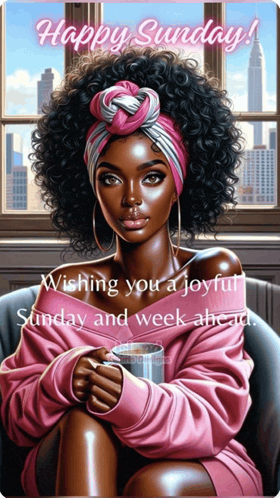 a painting of a woman sitting in front of a window with the words happy sunday