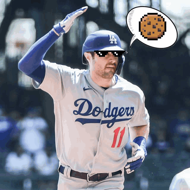 a dodgers player wearing sunglasses and a speech bubble with a cookie