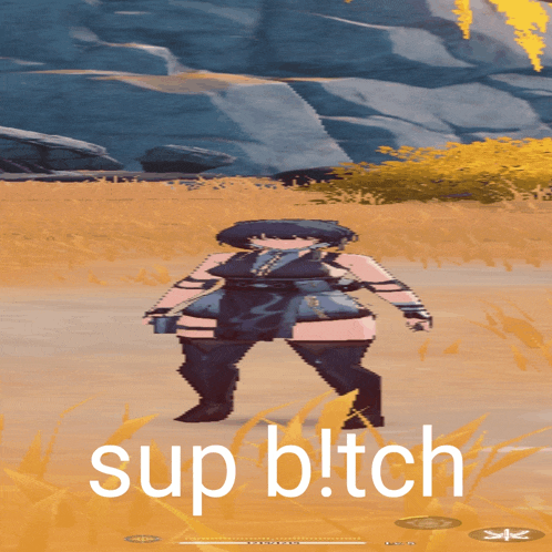 a video game character is standing in a field with the words sup bitch on the bottom