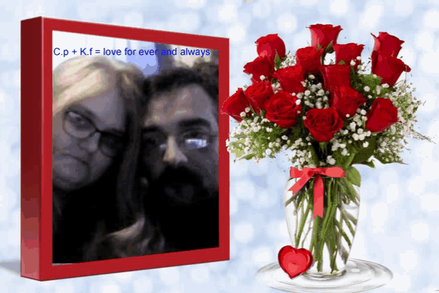 a picture of a man and a woman next to a vase of red roses that says love for ever and always