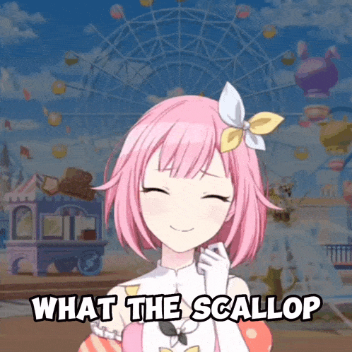 a girl with pink hair is smiling in front of a ferris wheel and the words what the scallop are above her