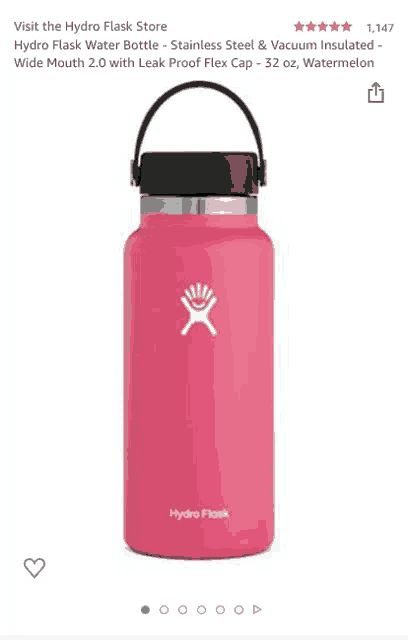 a picture of a pink hydro flask water bottle with a black handle