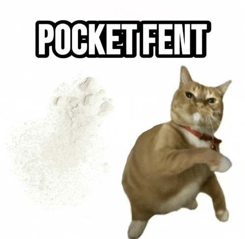 a cat standing next to a pile of white powder with the words pocketfent written above it
