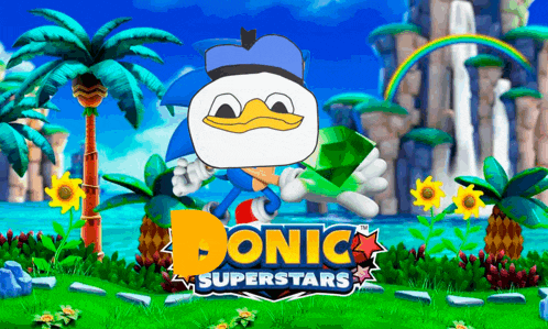 a poster for sonic superstars shows donald duck holding a green emerald