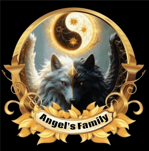 a picture of two wolves with the words angel 's family on the bottom