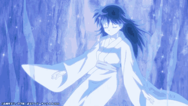 a girl in a white kimono is surrounded by a blue background