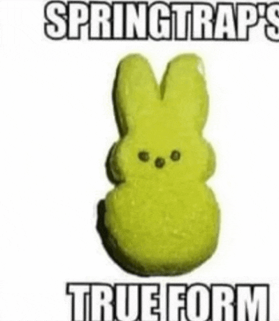 a peeps bunny cookie with the words springtrap 's true form written on it