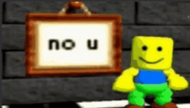 a cartoon character is standing next to a picture frame that says no u .