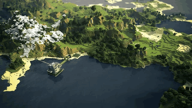 an aerial view of a minecraft world with mountains and water