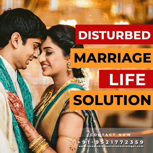 an ad for a disturbed marriage life solution shows a bride and groom looking at each other