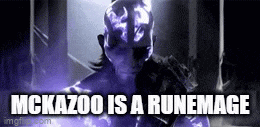 a man with a purple helmet is standing in a dark room with the words `` mckazoo is a runemagic '' .