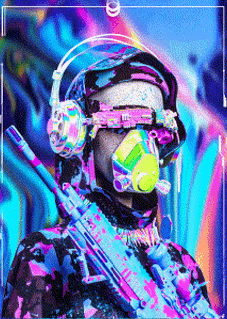 a man wearing a gas mask and headphones is holding a gun .