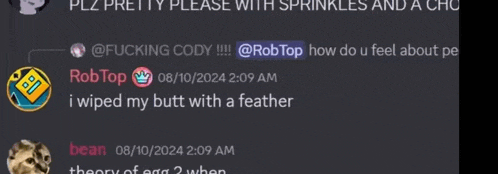 a screenshot of a conversation between rob top and cody