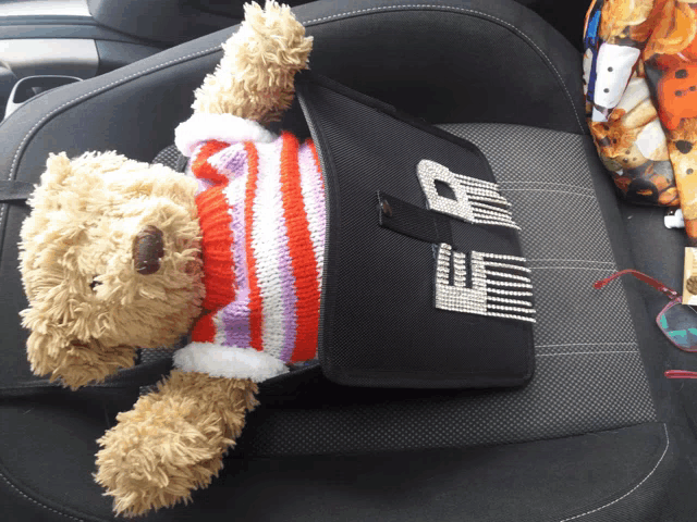 a teddy bear wearing a striped sweater is laying on a car seat next to a purse