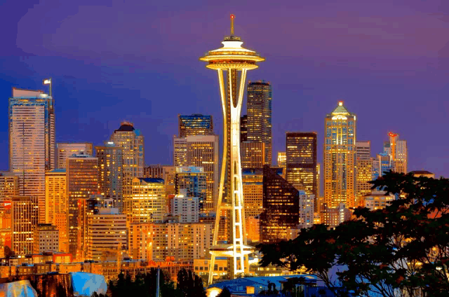 a city skyline with the space needle in the foreground at night