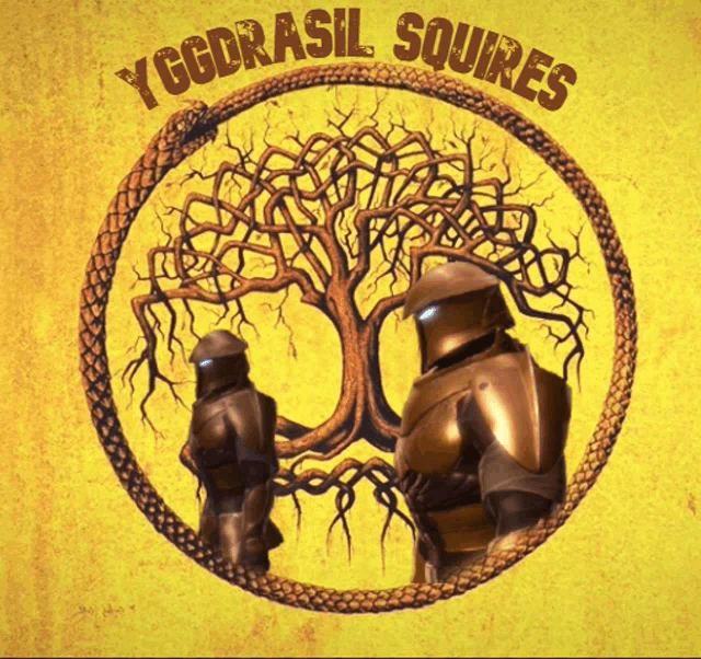 a poster for yggdrasil squires shows a tree and two soldiers