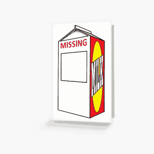 a greeting card featuring a carton of milk that is missing