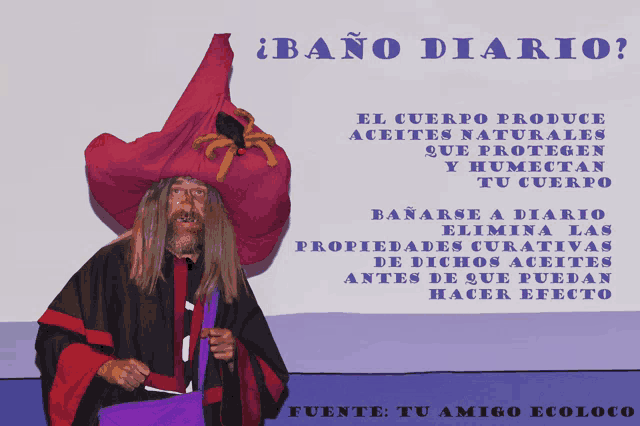 a man in a witch costume is standing in front of a sign that says " bano diario "