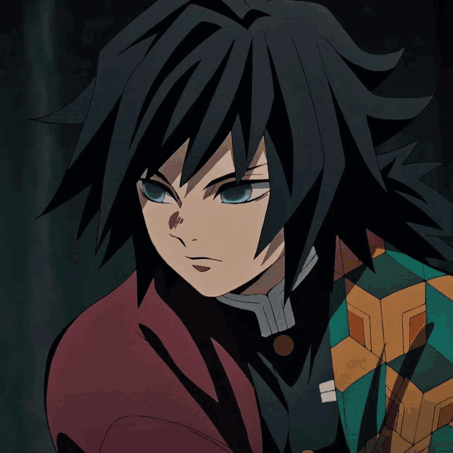 a black haired anime character with blue eyes and a red jacket