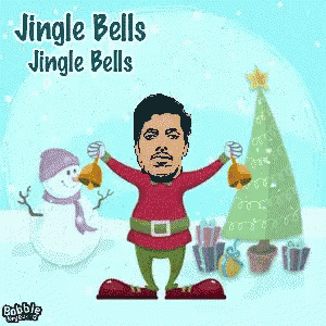 a cartoon of a man singing jingle bells in front of a snowman and christmas tree