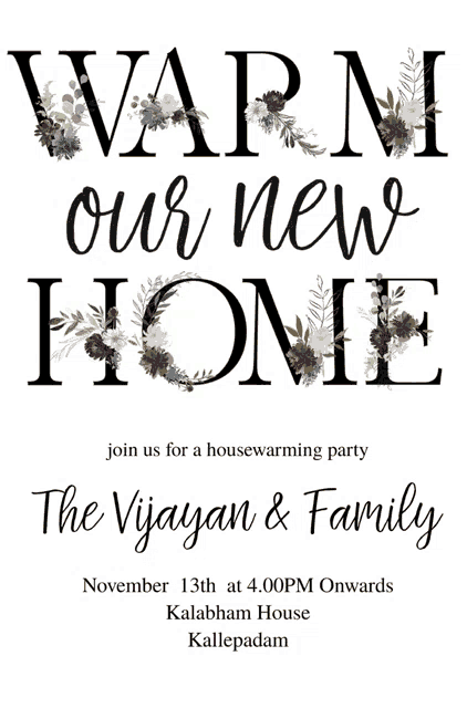 a housewarming invitation for the vijayan and family