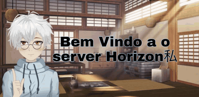 a boy in a room with the words bem vindo a o server horizon written on it