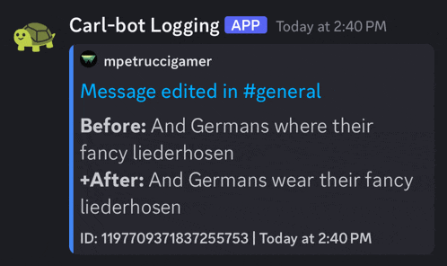 a screenshot of carl-bot logging showing a message edited in general
